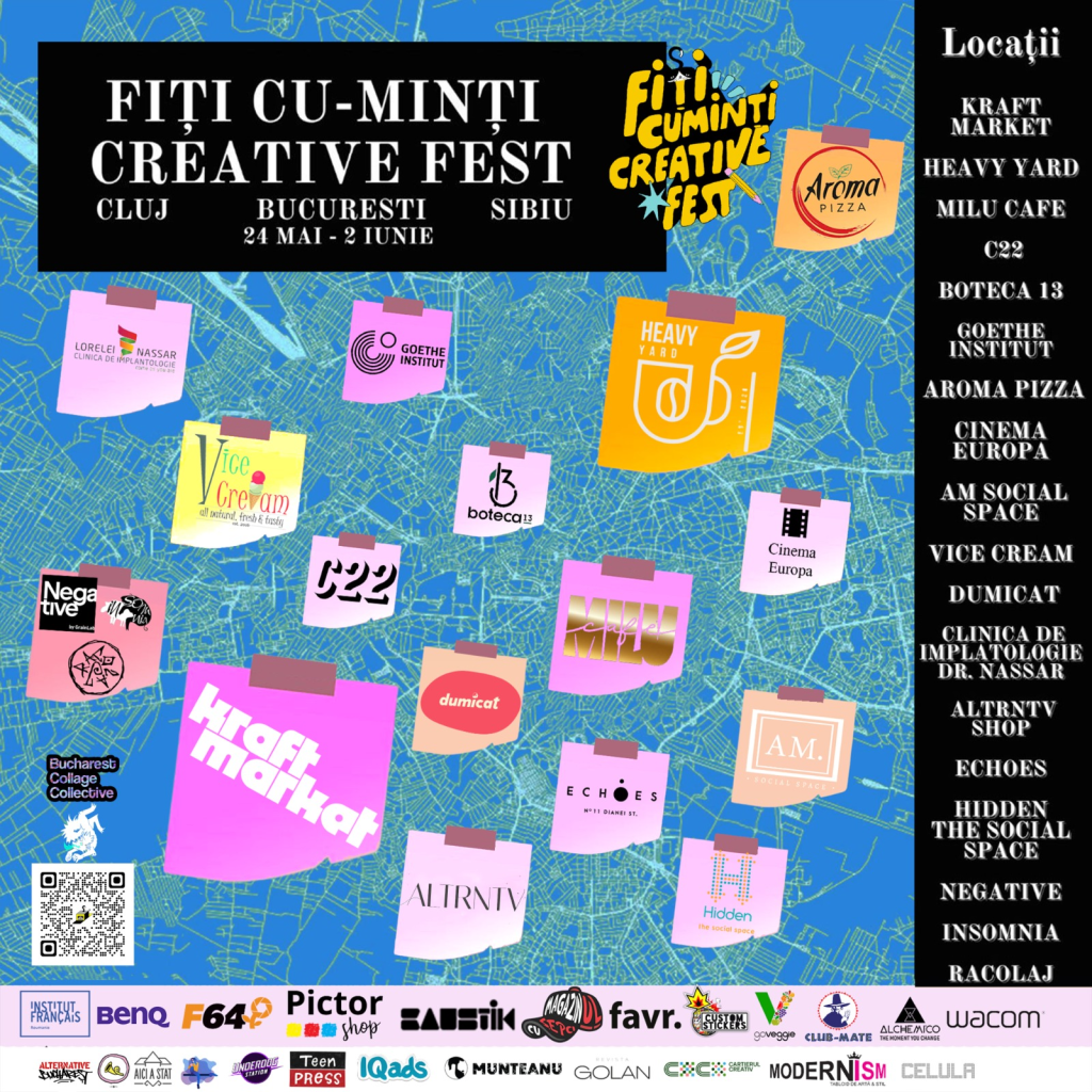 In intervalul 24 mai – 2 iunie 2024, join us pentru o celebrare a artei si culturii, in cadrul celei de-a patra editii Fiti cu-Minti Creative Fest. Ca de obicei, vom aduce in fata publicului o varietate de forme de arta vizuala, muzica si arte performative, toate gandite pentru a insufleti urmatoarea generatie de artisti si creativi.